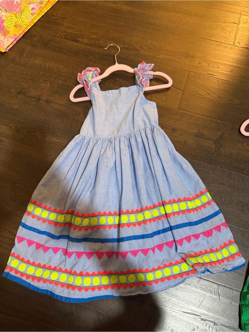 Boden Light Blue Sundress with Pink and Neon Yellow Trim